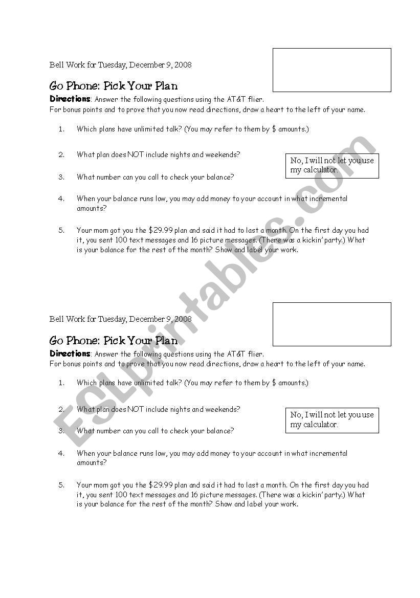 GO Phone questions worksheet