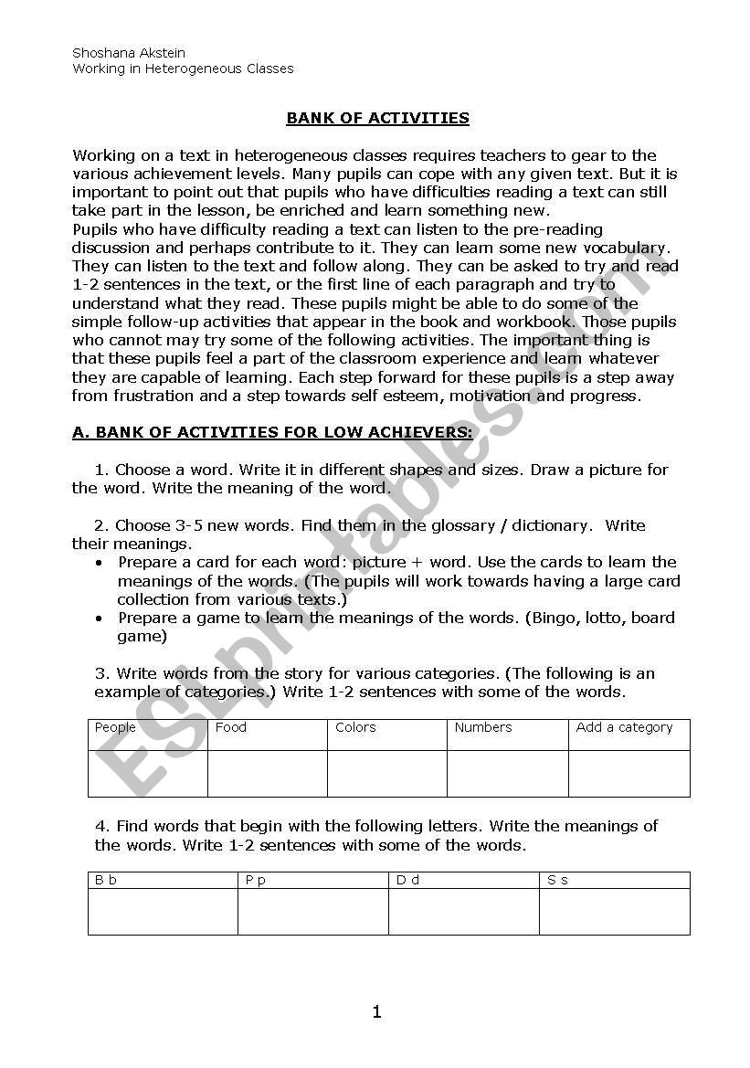tasks for high achivers worksheet