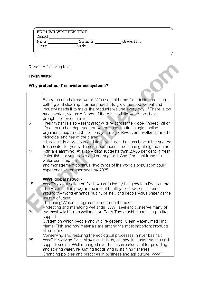 Written test 11th grade worksheet