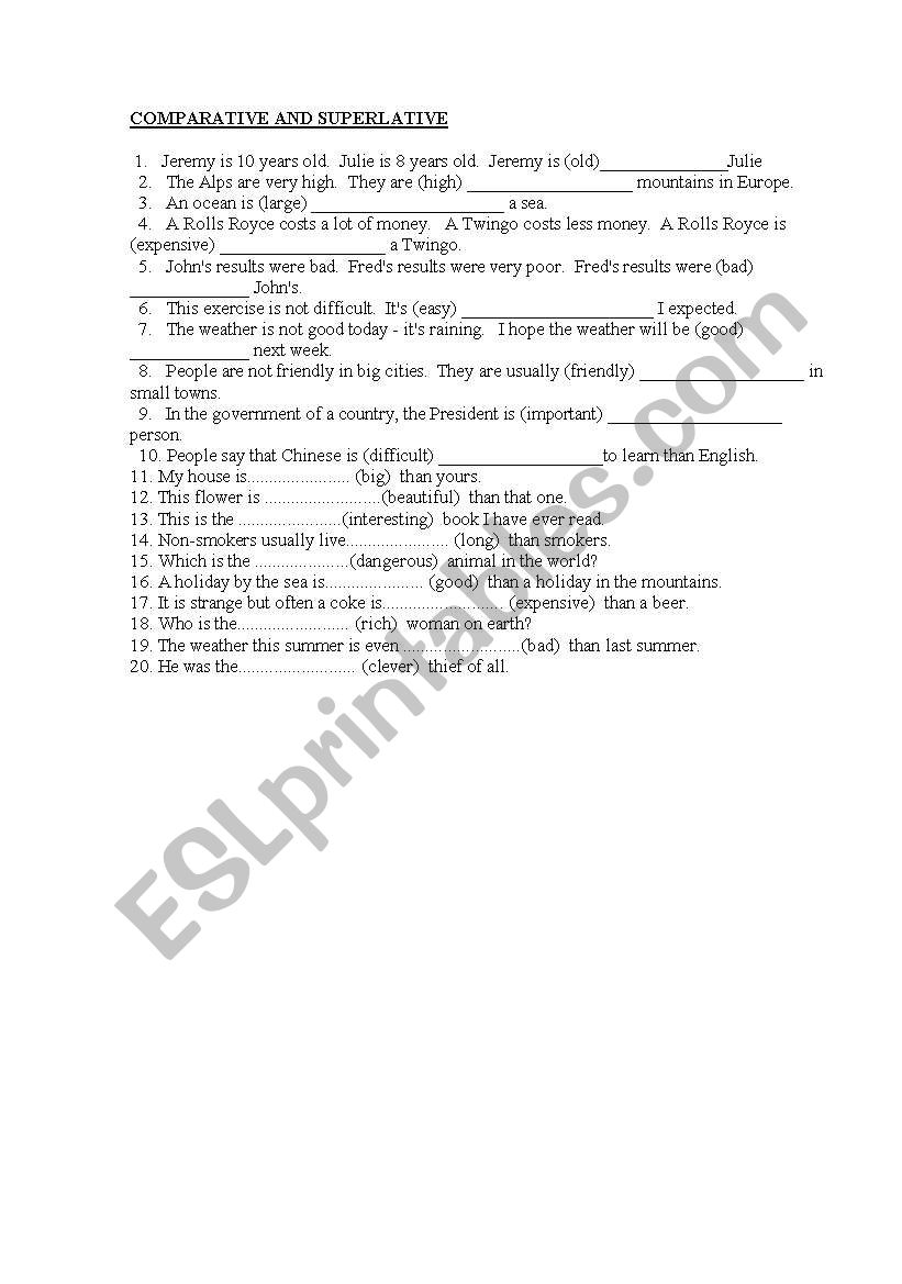 comparative and superlative worksheet