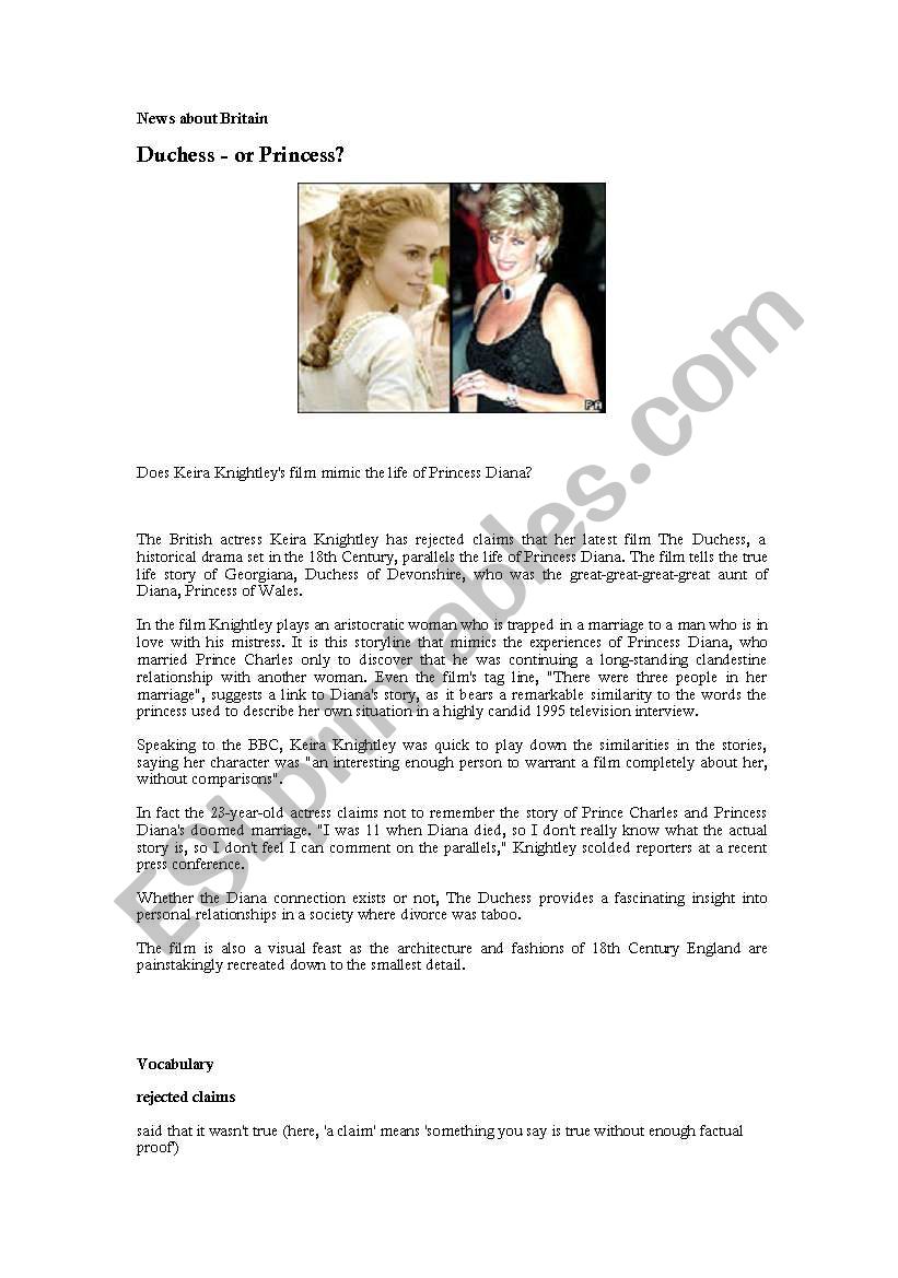 Duchess - or Princess worksheet