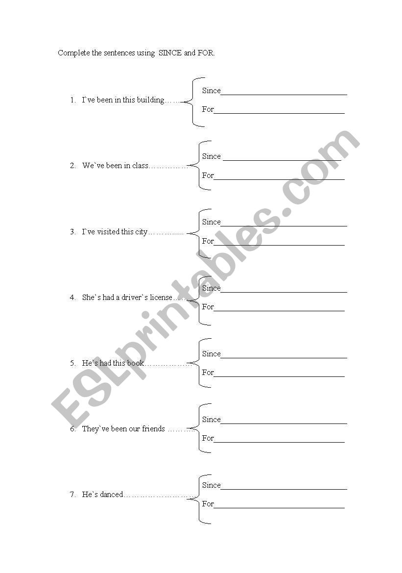 Use of Since and For worksheet