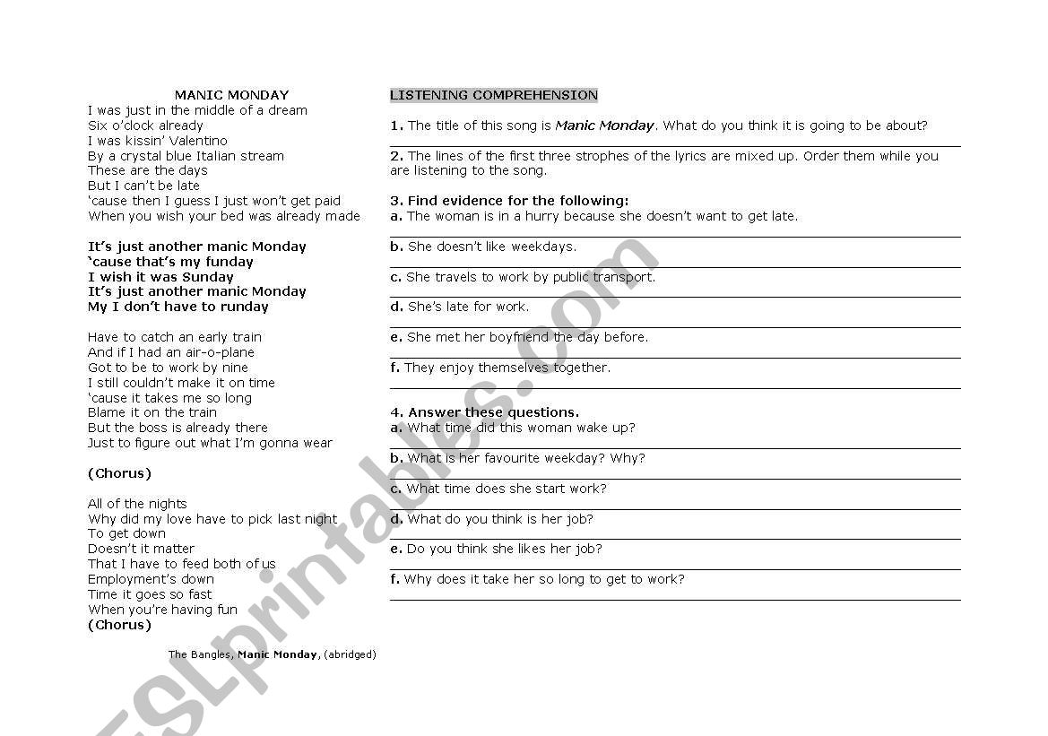 Manic Monday (Work) worksheet