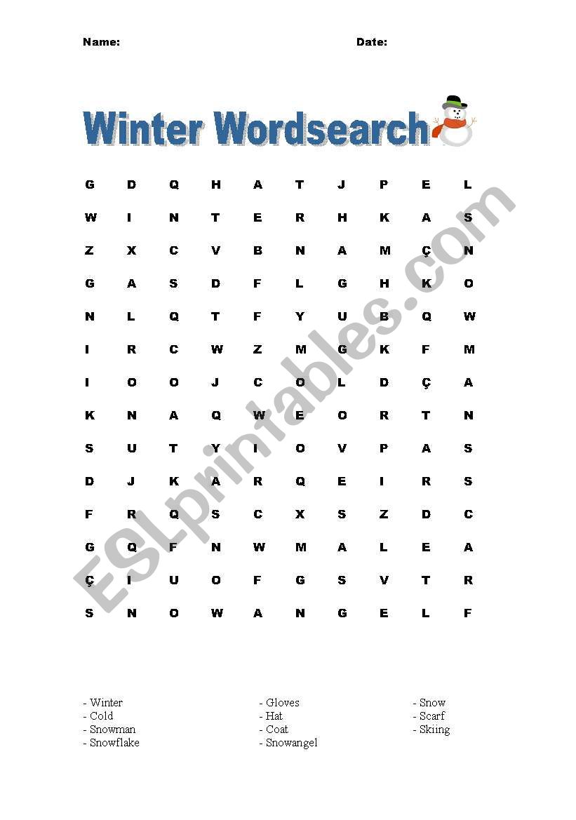 Winter Wordsearch worksheet
