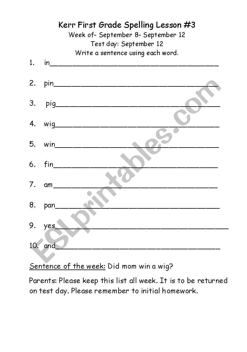 Spelling lesson # 3 worksheet