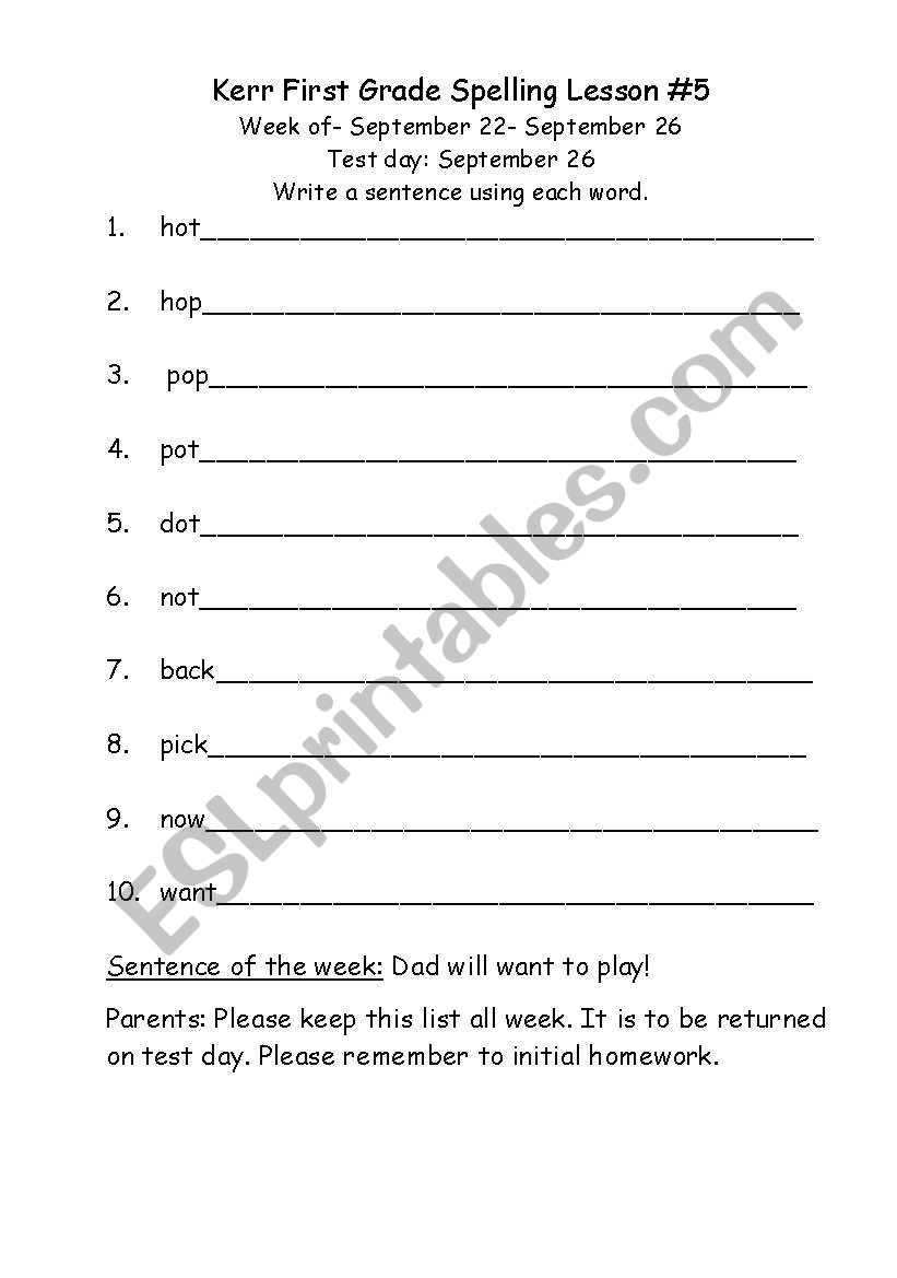 Spelling lesson #5 worksheet