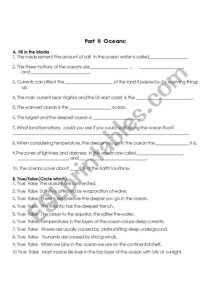 quiz on oceans worksheet
