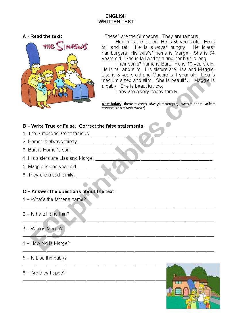 test simpsons - 5th year worksheet