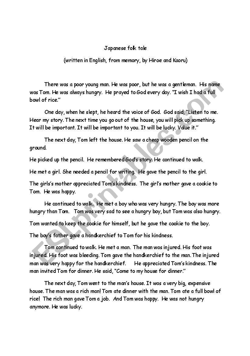 Japanese folktale worksheet