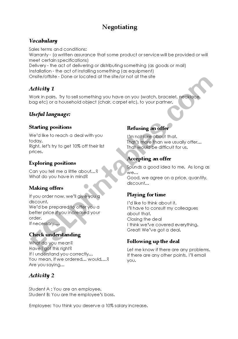 Negotiation worksheet