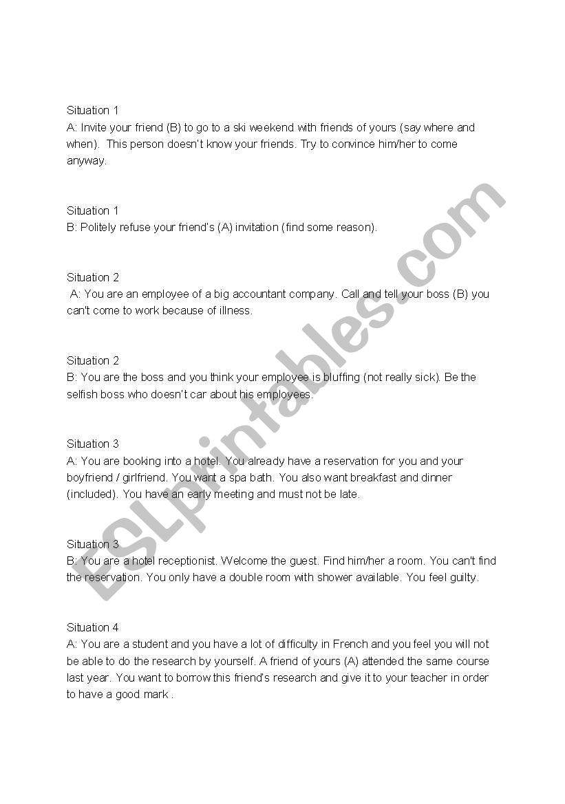 role play topics worksheet