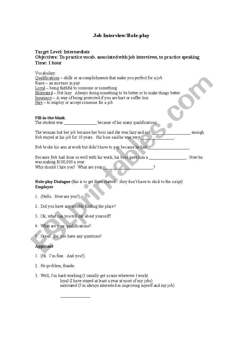 Job Interview/Role-play worksheet