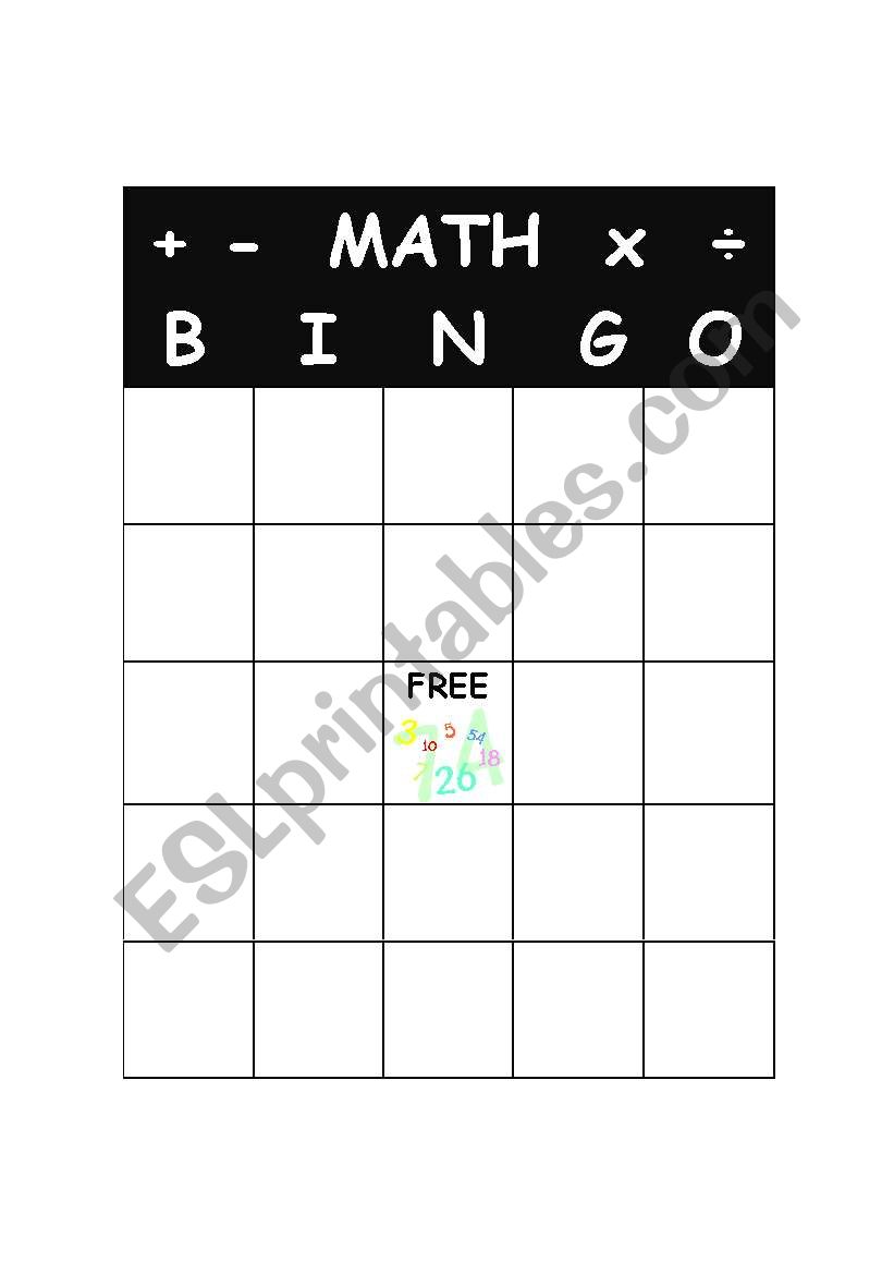Math Bingo Sheet worksheet