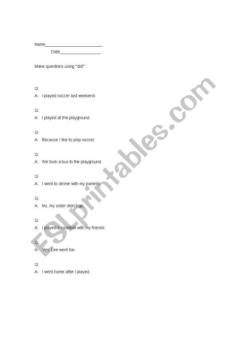 Did Questions worksheet