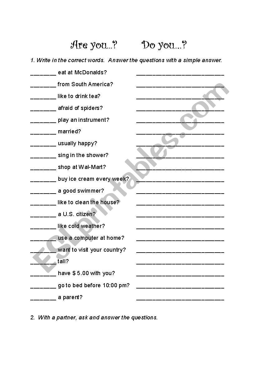 Are you?  Do you? worksheet