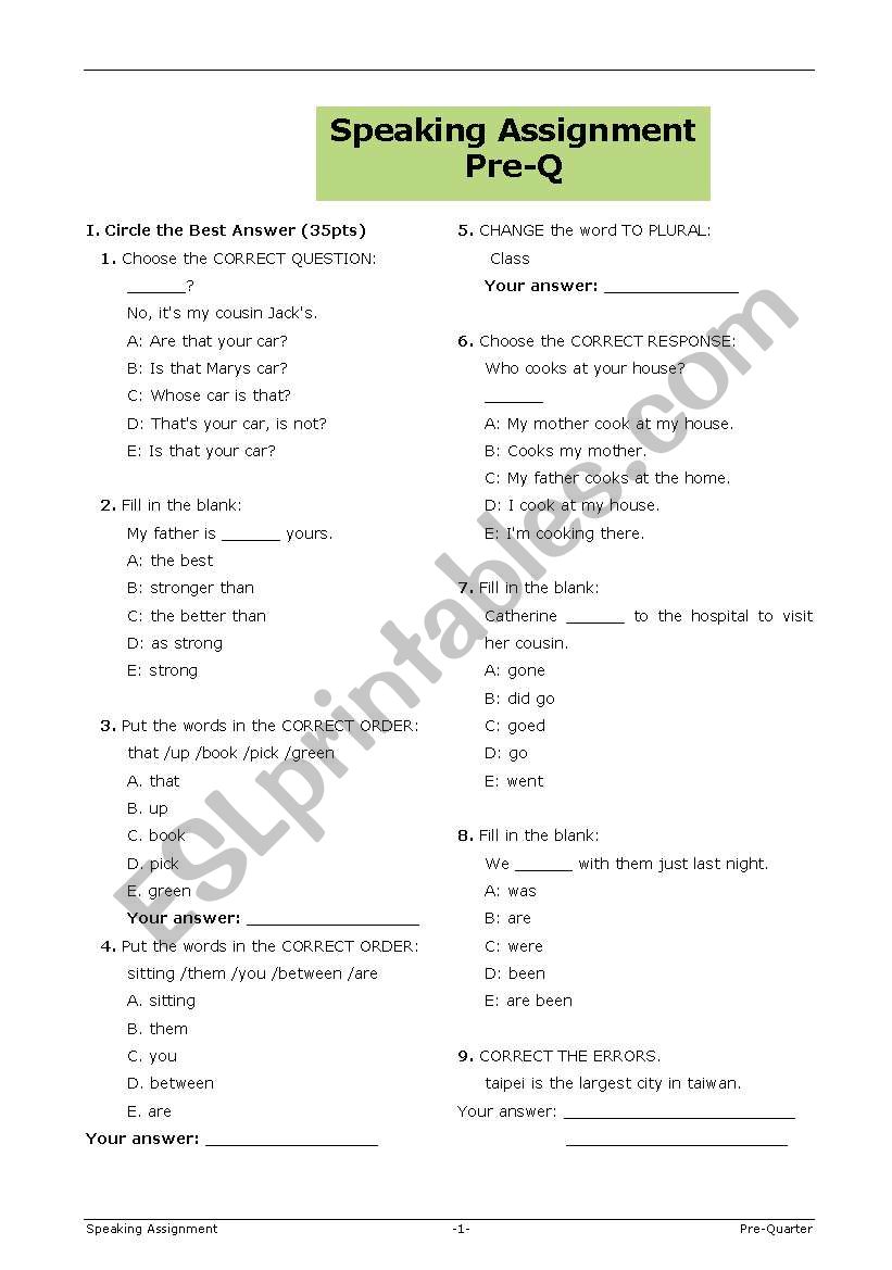 Conversation test worksheet