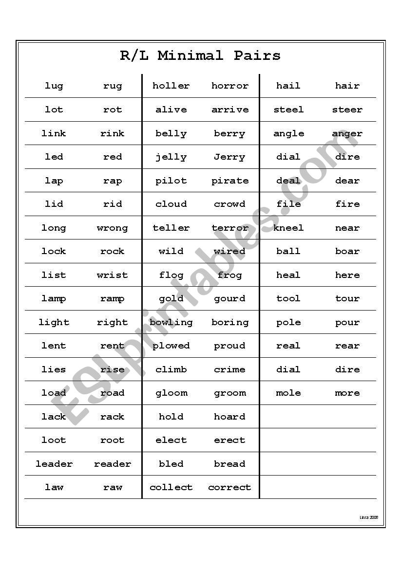 R/L minimal pairs list worksheet