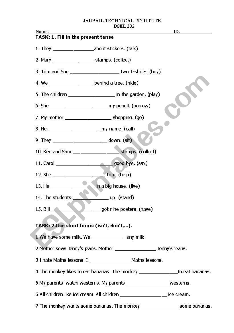 exercise of Oresent tense worksheet