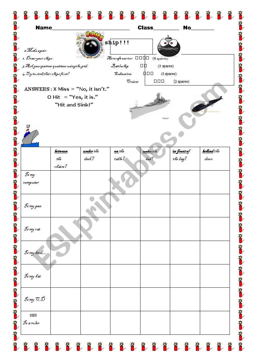 Preposition Battleship worksheet