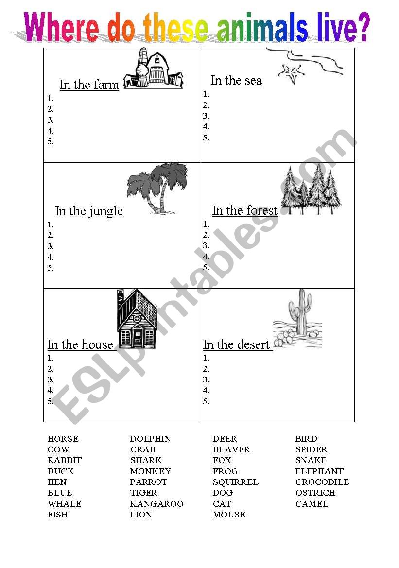where do these animals live? worksheet