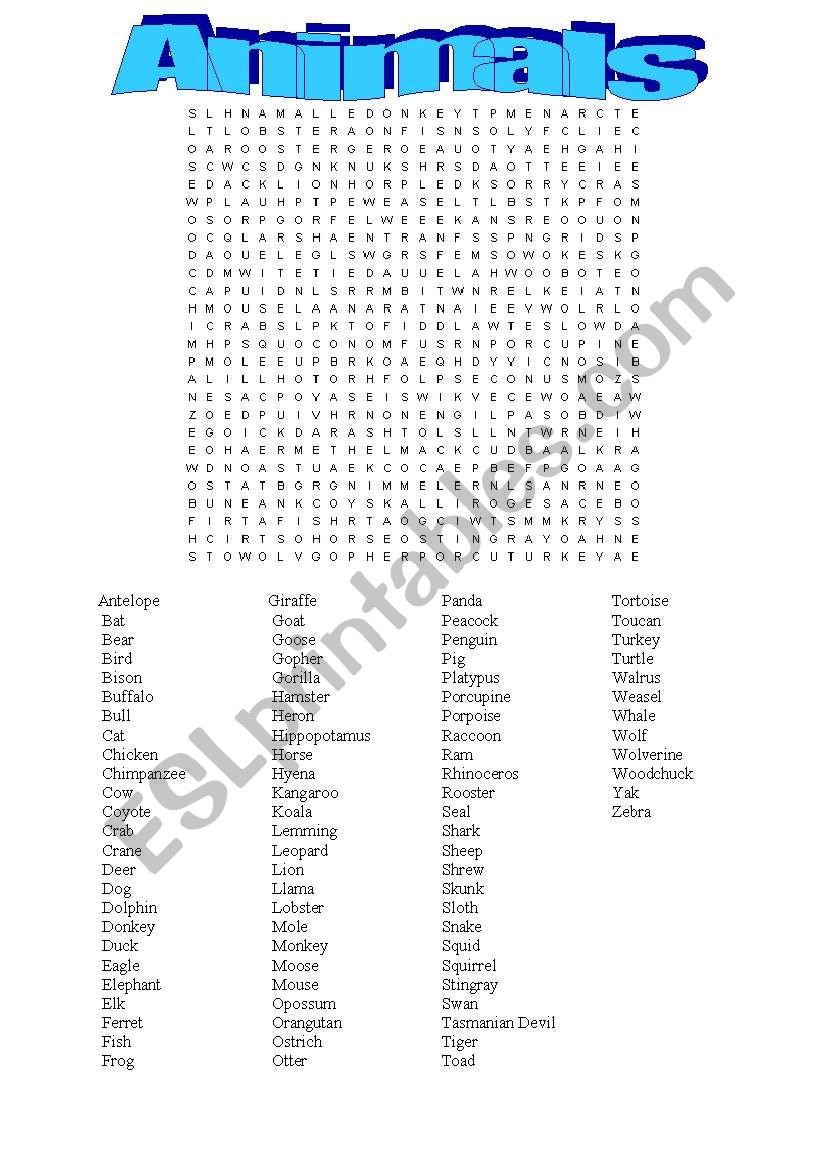 animals word search puzzle worksheet