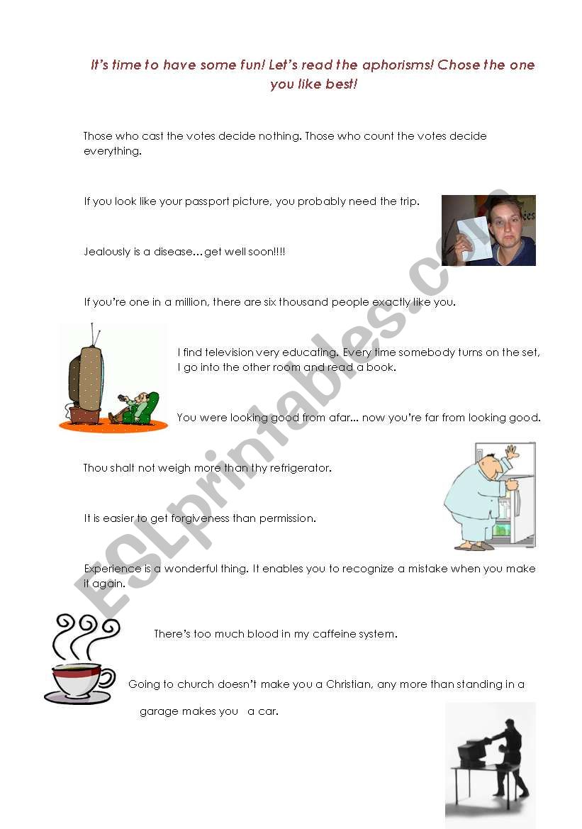 Aphorisms, amusing reading worksheet