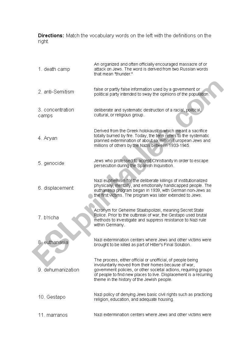 Holocaust matching exercise worksheet