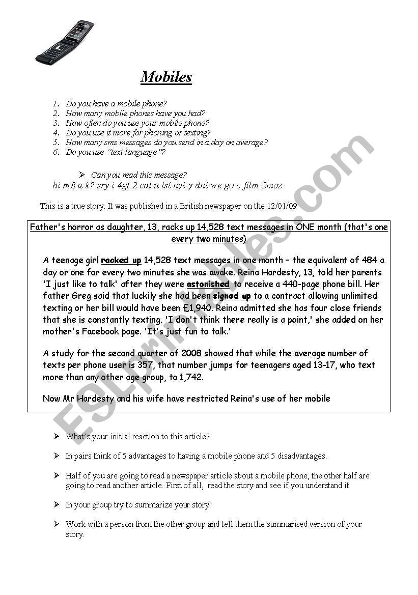 Mobile Phones worksheet