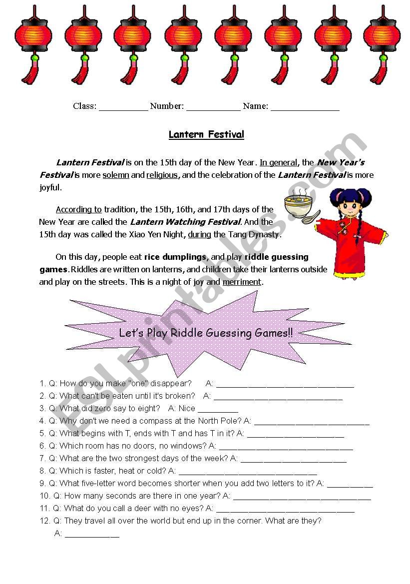 Lantern Festival worksheet