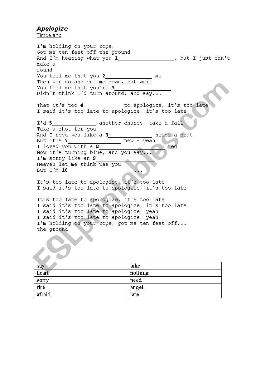 apologise by Timbaland worksheet
