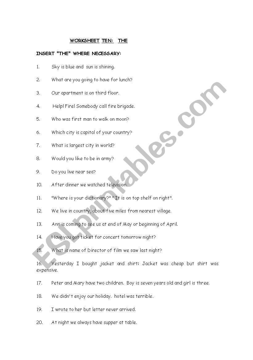 THE DEFINITE ARTICLE worksheet