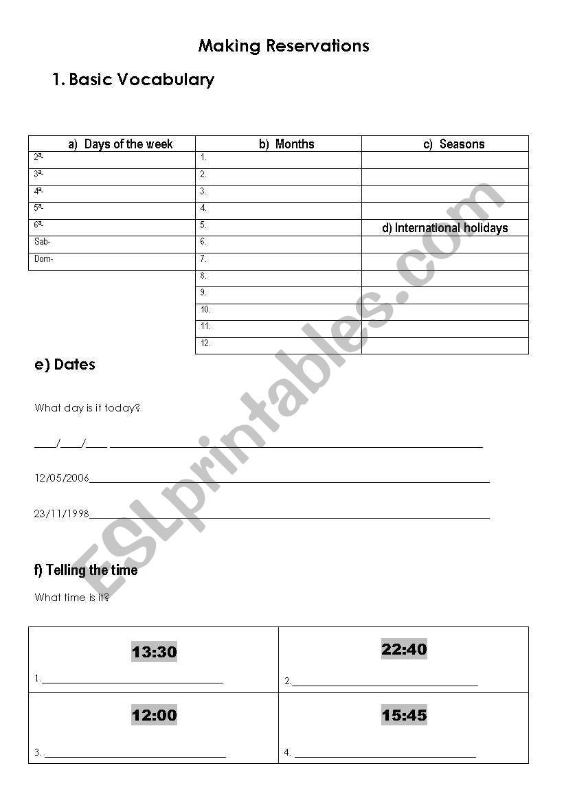 Hotel Reservations worksheet