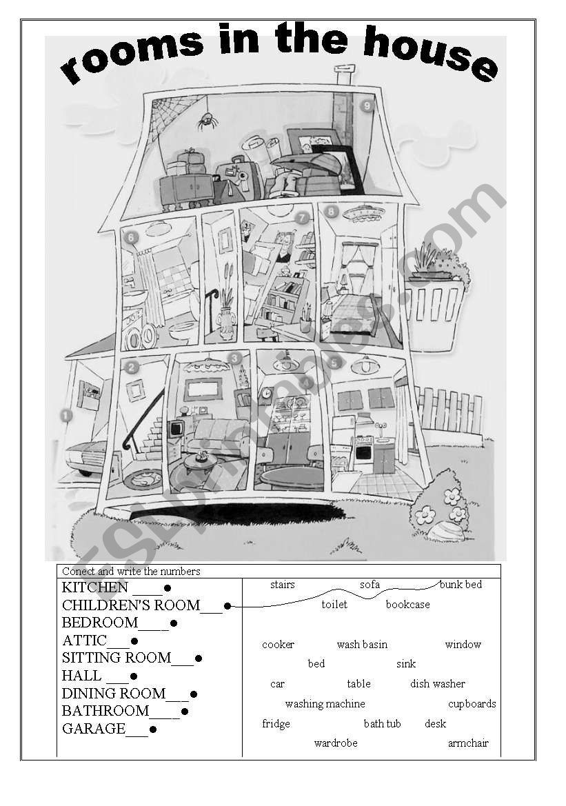 ROOMS AND FURNITURE - B&W worksheet