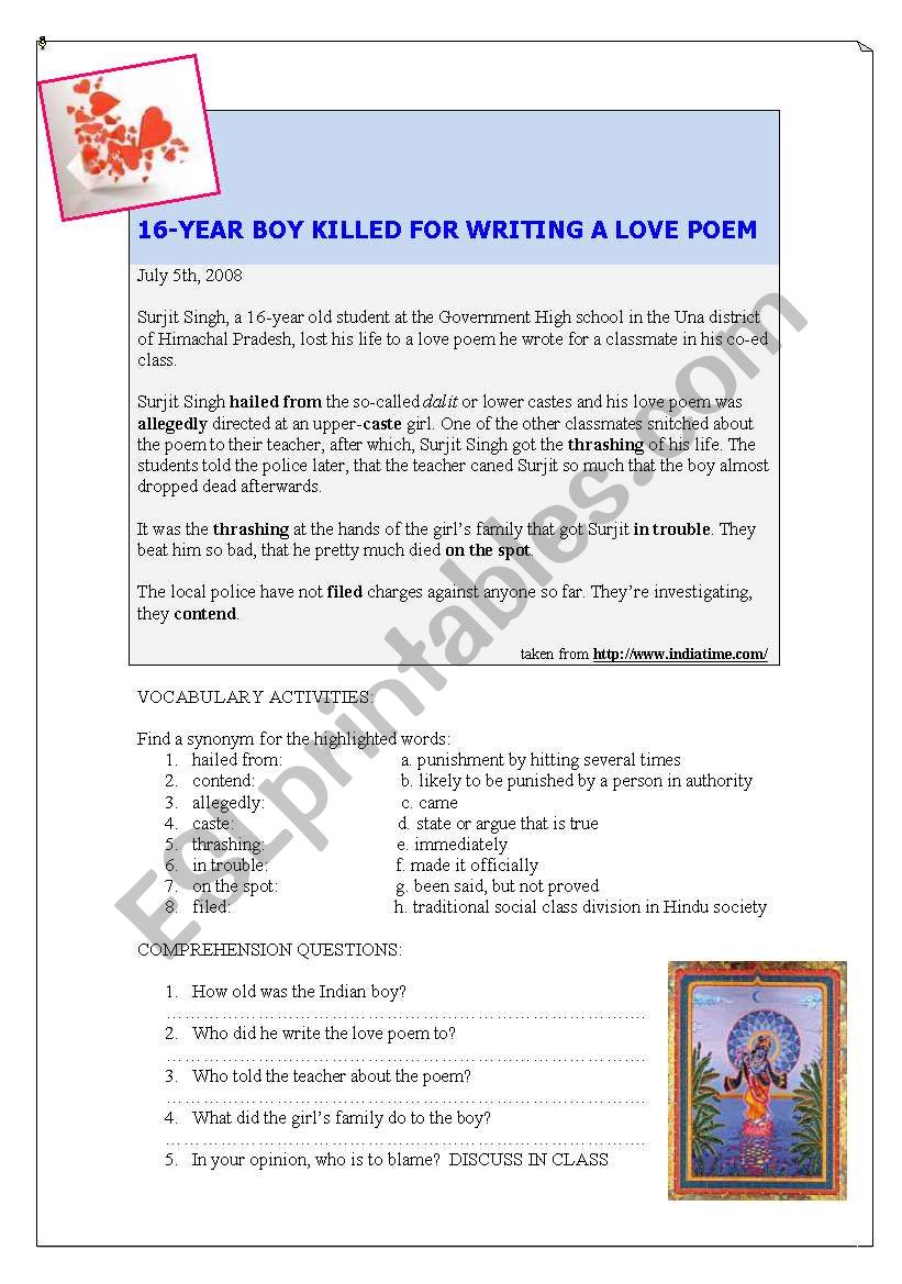 16-YEAR OLD KILLED FOR WRITING A LOVE POEM (READING)