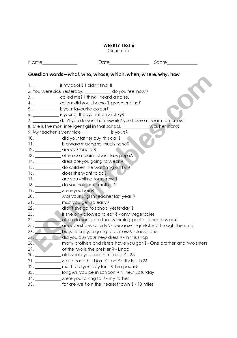 questions words worksheet