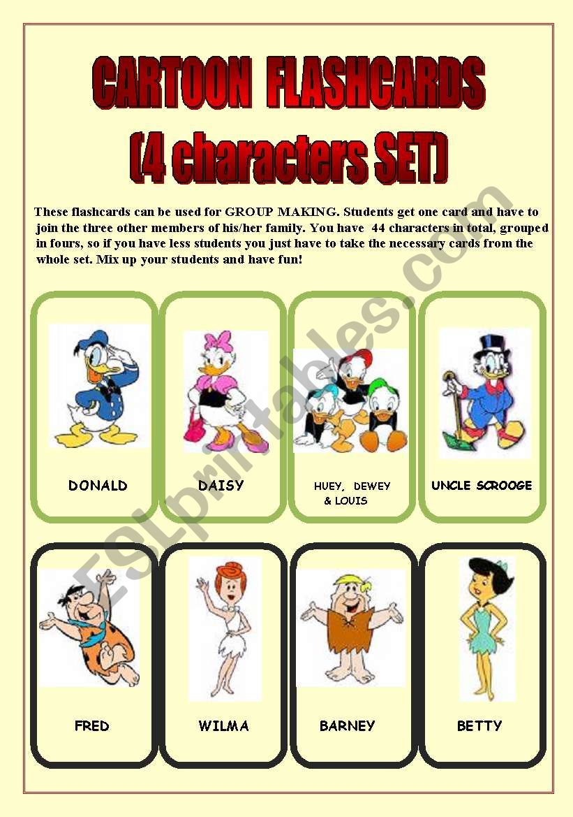 CARTOON FLASHCARDS (4 CHARACTERS SET)4 PAGES-44 CARDS