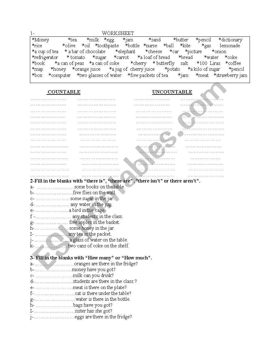 how many -how much worksheet