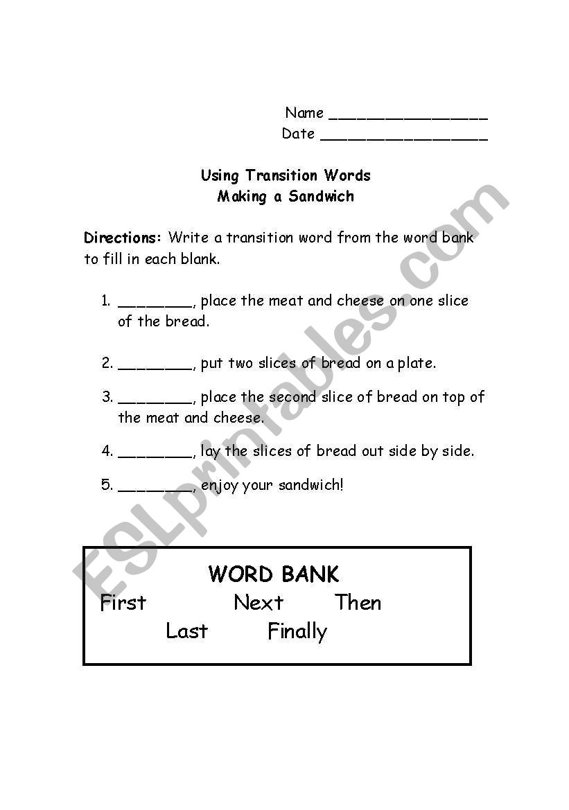 Transiton Words worksheet