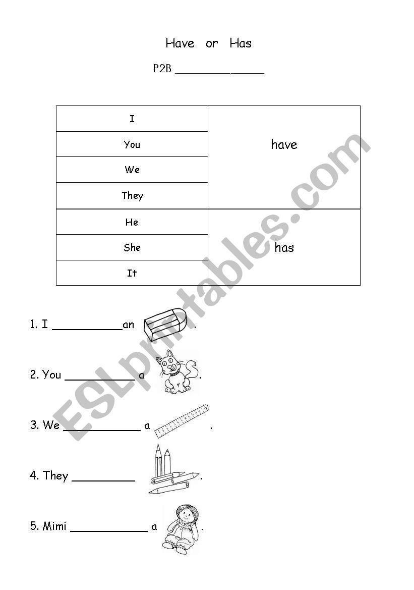 Have or Has worksheet