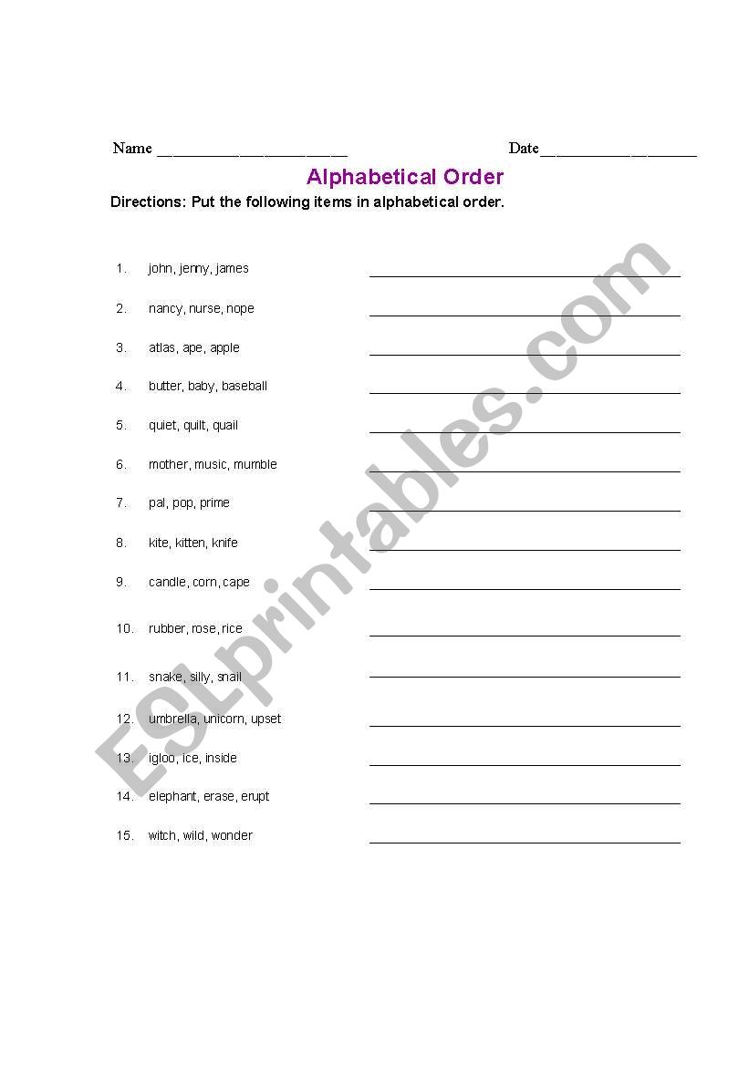 Alphabetical Order worksheet