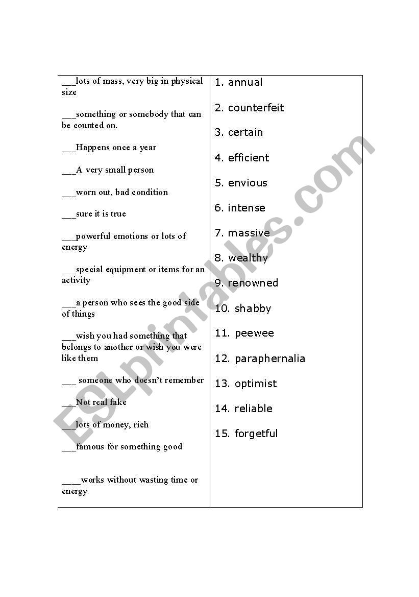 Adjectives Vocab Quiz worksheet