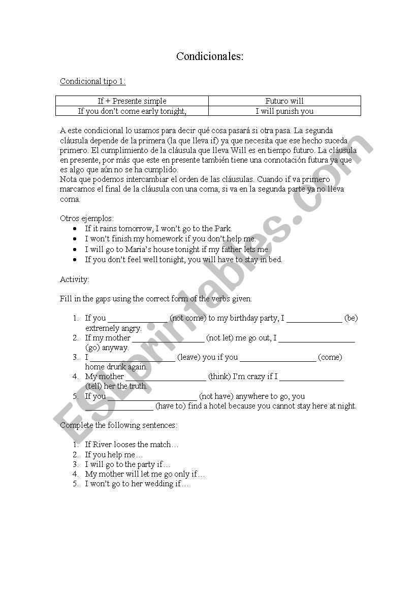 Conditionals type 1, 2 and 3 worksheet
