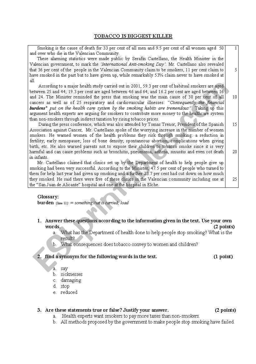 Tobacco is biggest killer worksheet