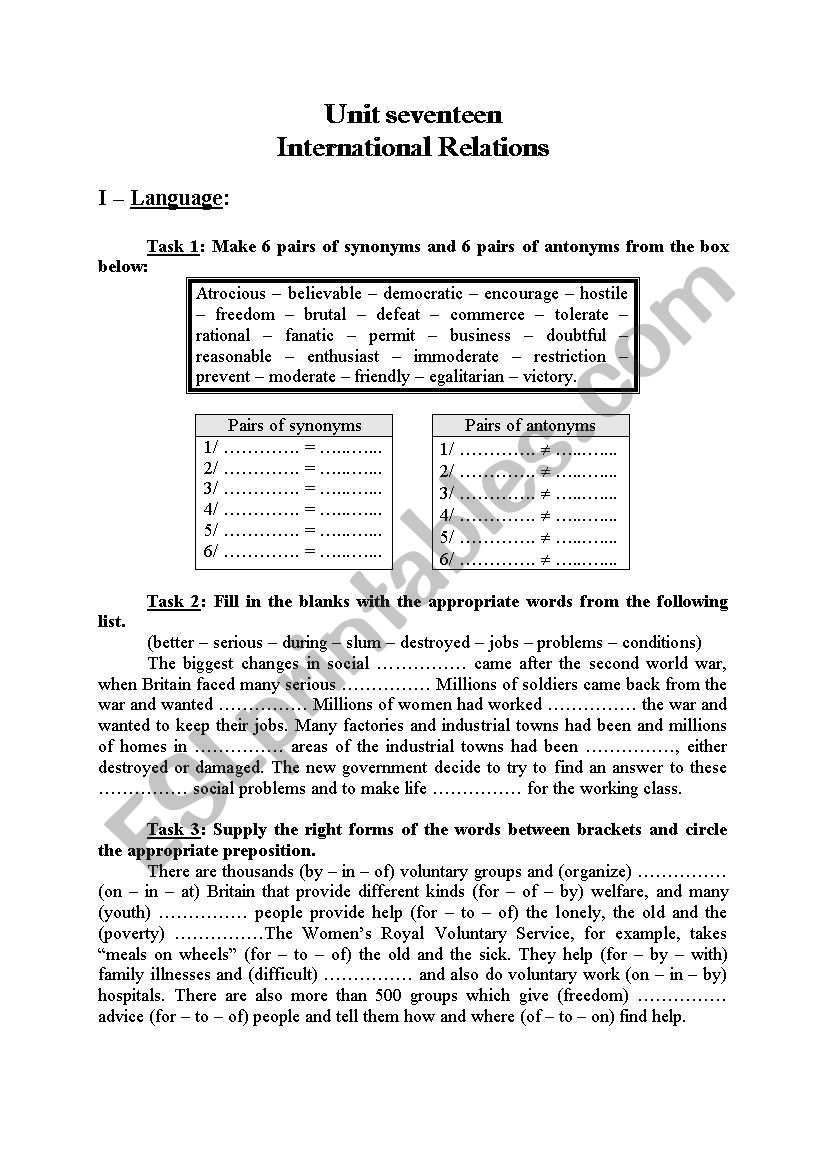 International Relations worksheet