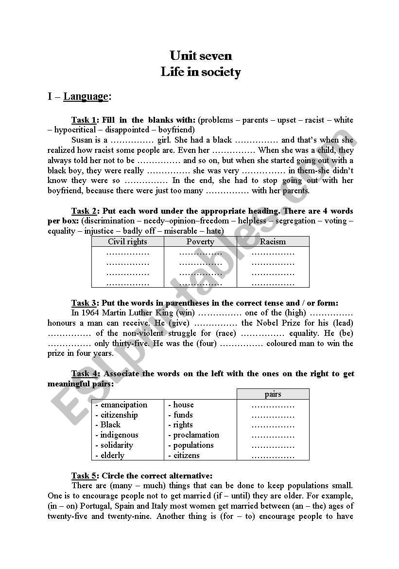 Life in society worksheet