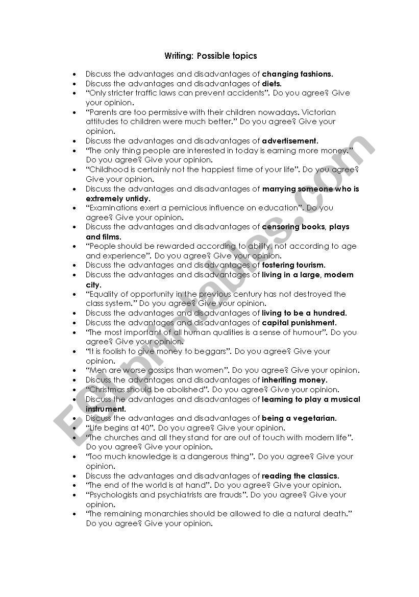 Topics for writing essays worksheet