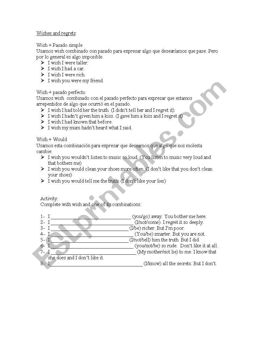 Wishes and regrets worksheet