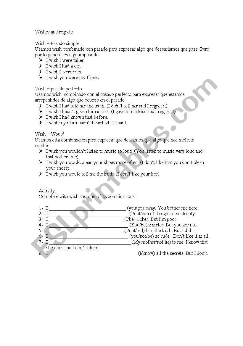 Wishes and regrets worksheet