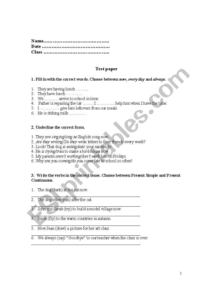 test paper worksheet