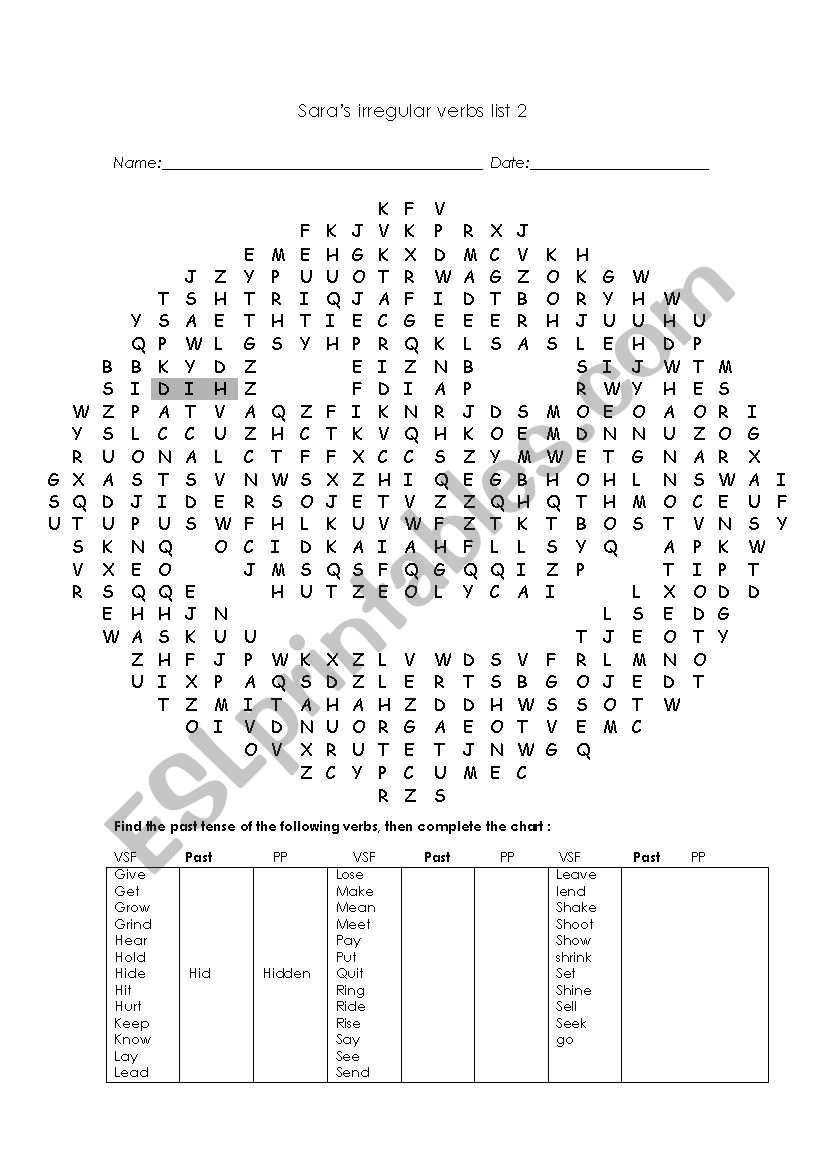 Irregular verbs wordsearch worksheet